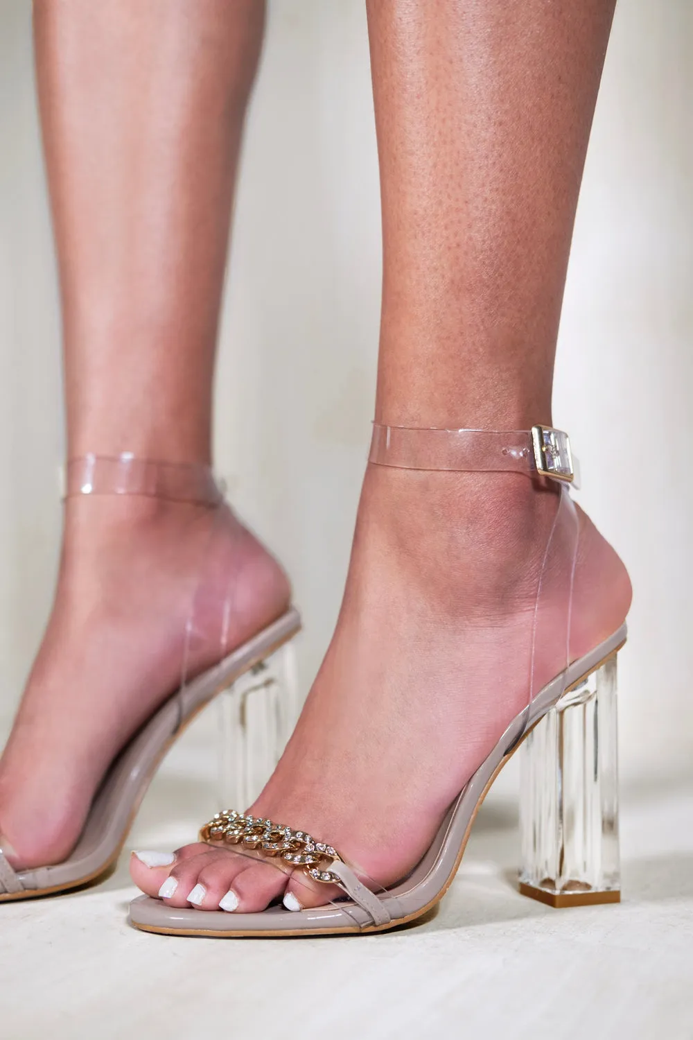 ATHENA PERSPEX BLOCK HEEL WITH DIAMANTE CHAIN STRAP IN NUDE PATENT FAUX LEATHER