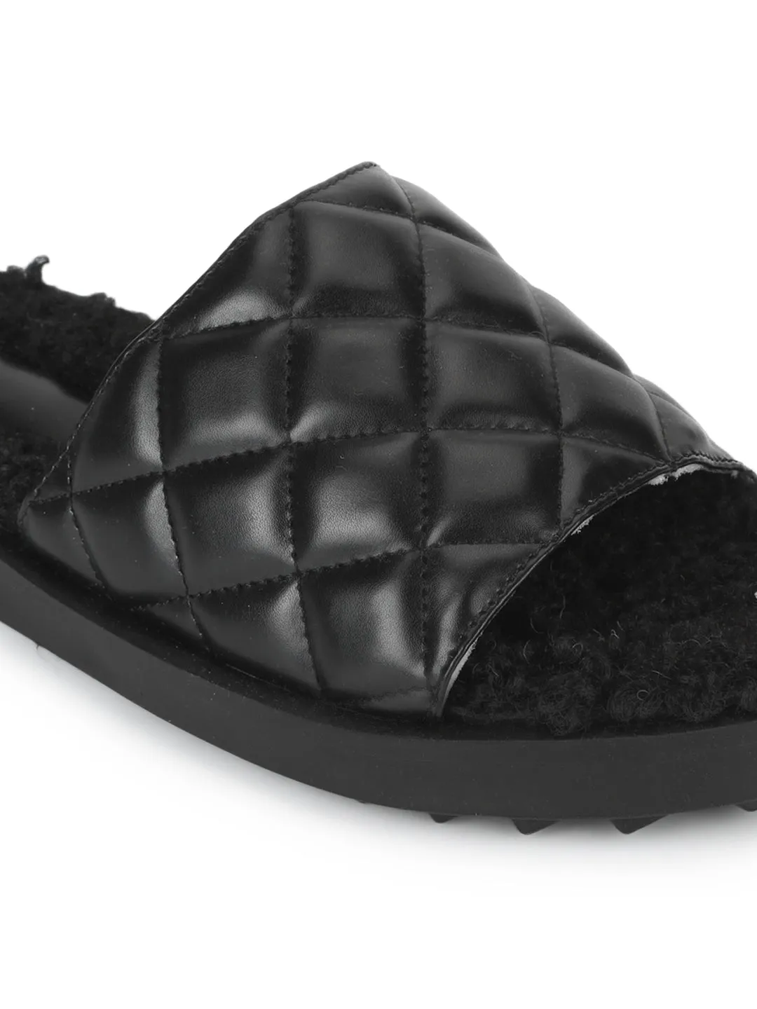 Black PU Faux Fur Quilted Slip Ons