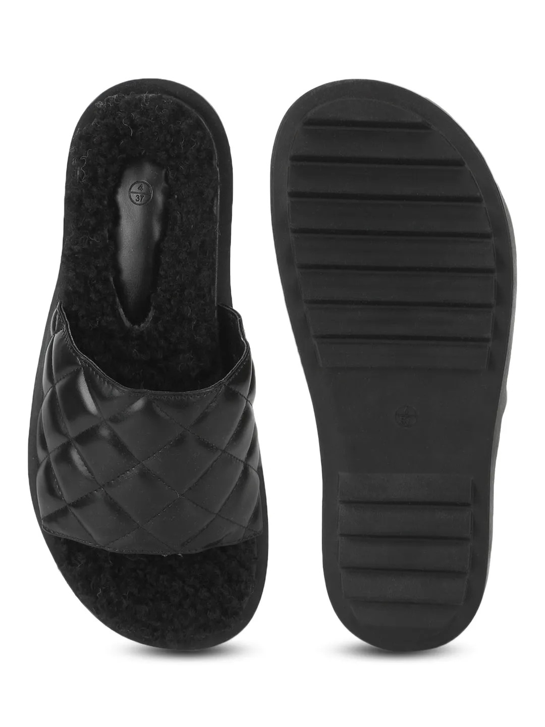 Black PU Faux Fur Quilted Slip Ons