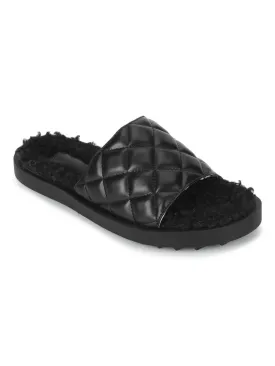 Black PU Faux Fur Quilted Slip Ons