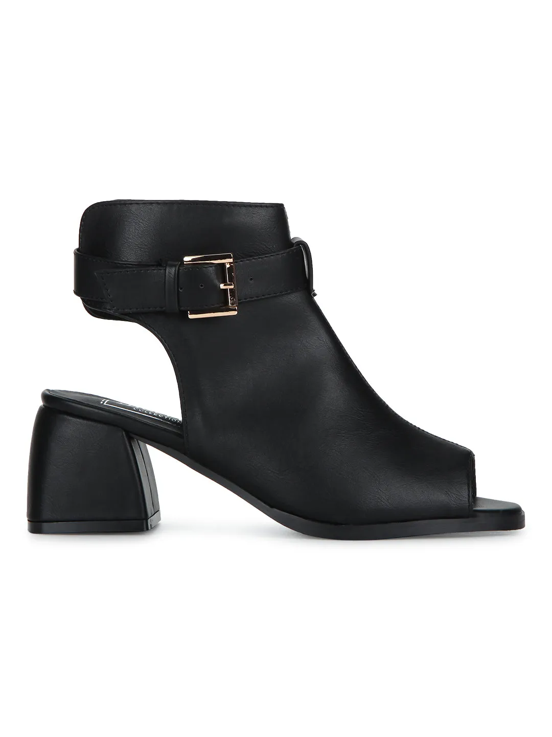 Black PU Open back Buckle Peep Toe Block Heels