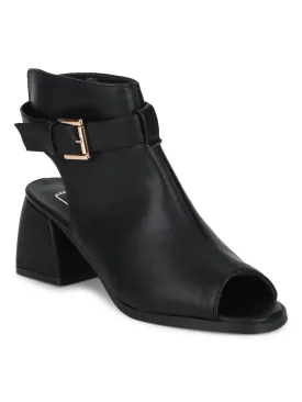 Black PU Open back Buckle Peep Toe Block Heels