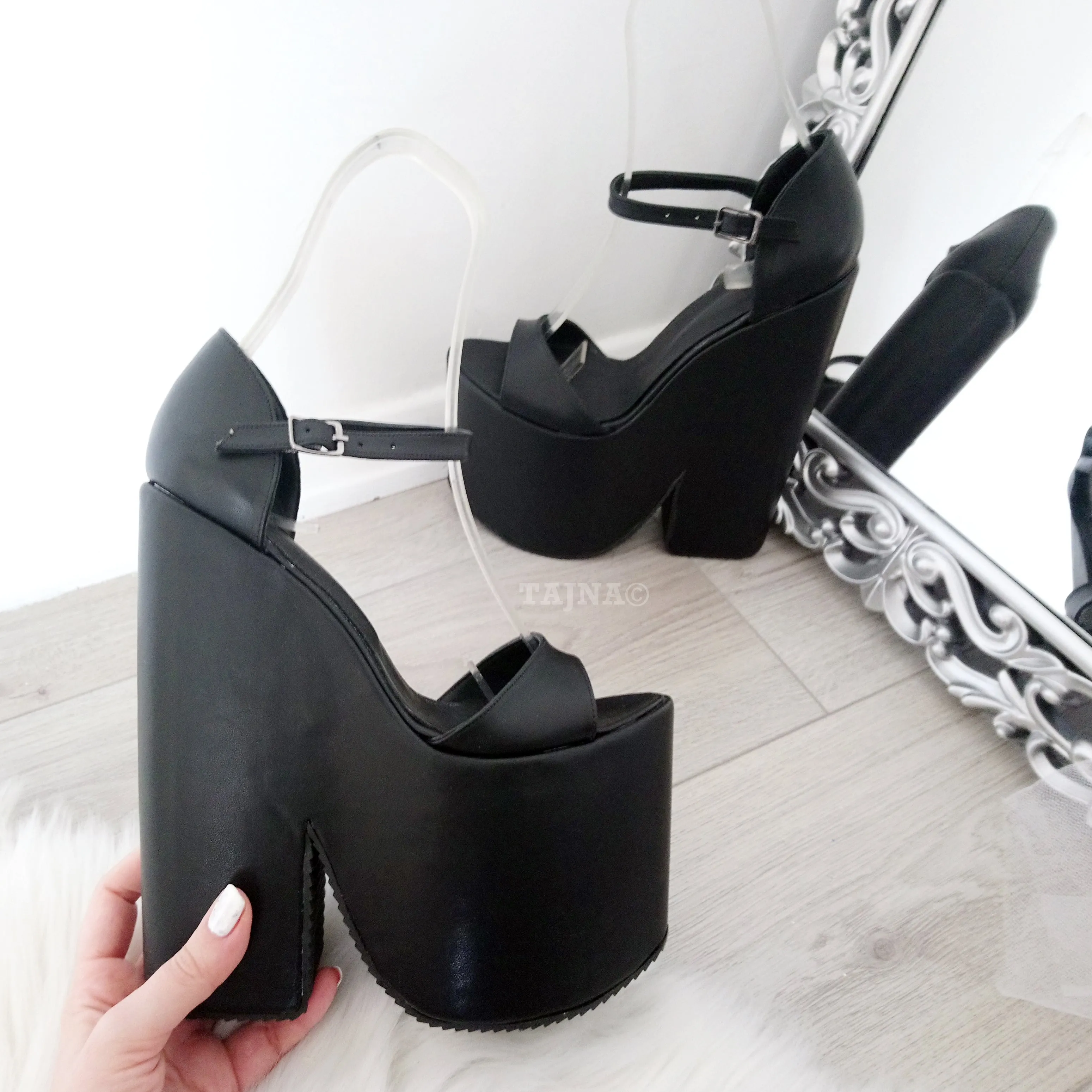 Black Single Strap Chunky Platform Wedge Shoes