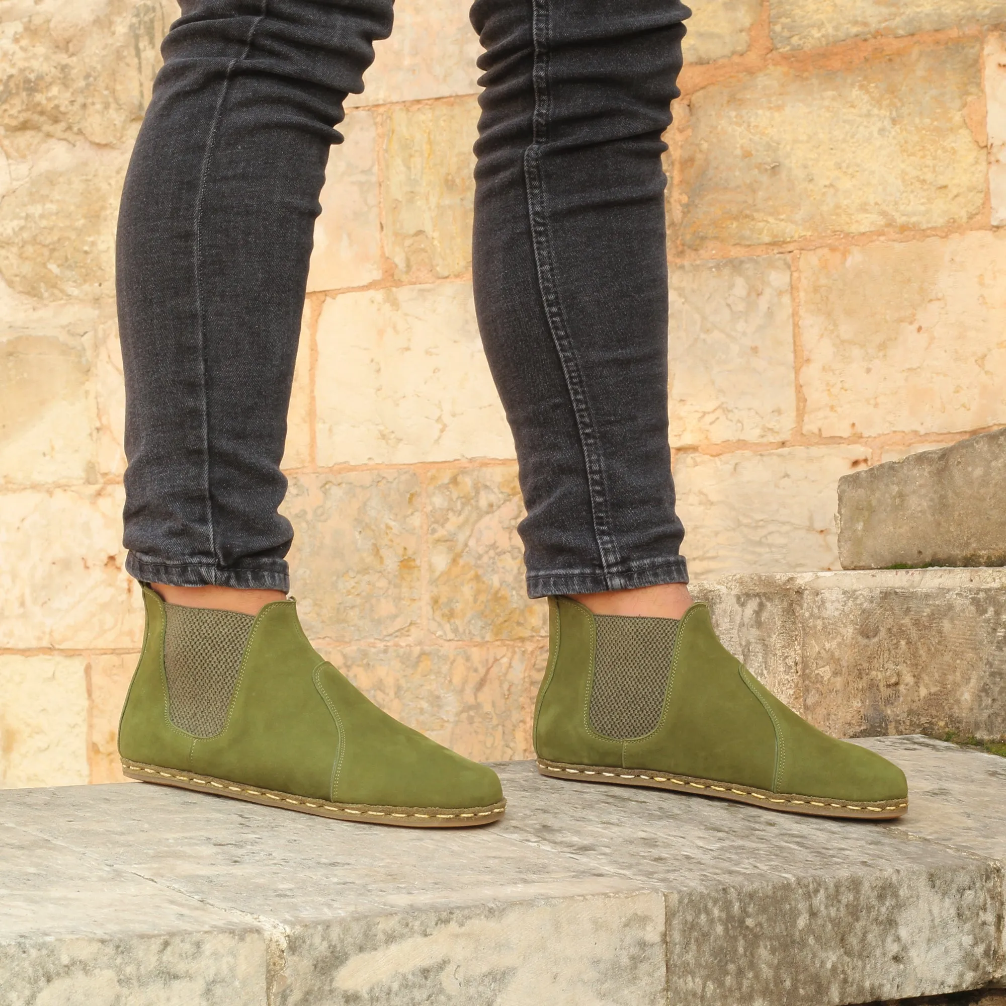 Chelsea Barefoot Boots Nubuck Green Handmade Men's