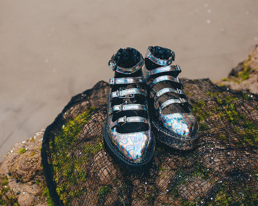 Chrome Oil Slick 5-Strap Pointed Mary Jane Creeper