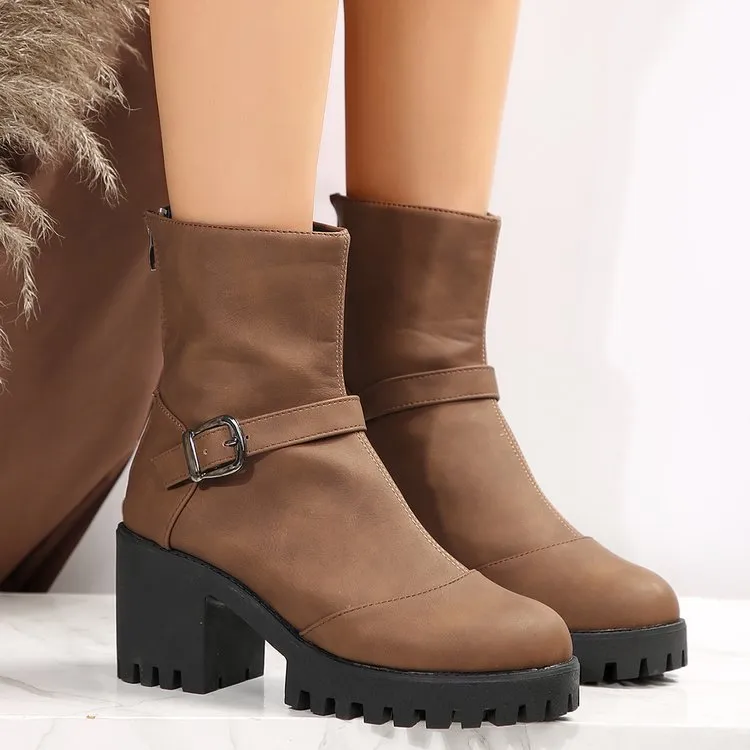 Chunky heels biker boots with back zipper