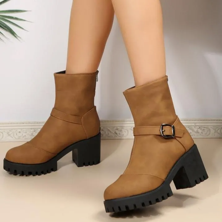 Chunky heels biker boots with back zipper