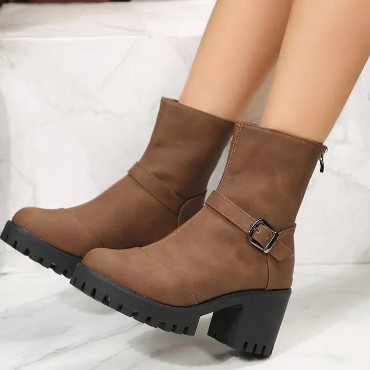 Chunky heels biker boots with back zipper