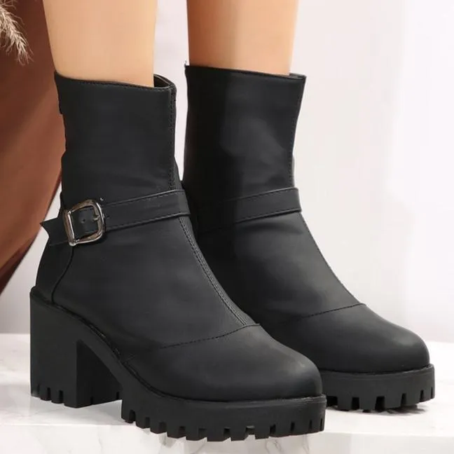 Chunky heels biker boots with back zipper