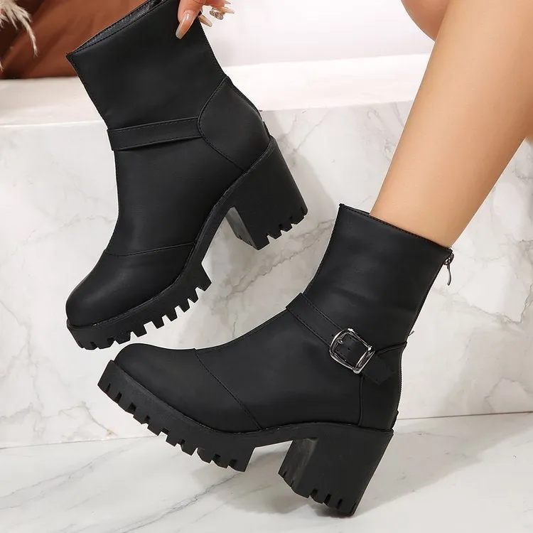 Chunky heels biker boots with back zipper