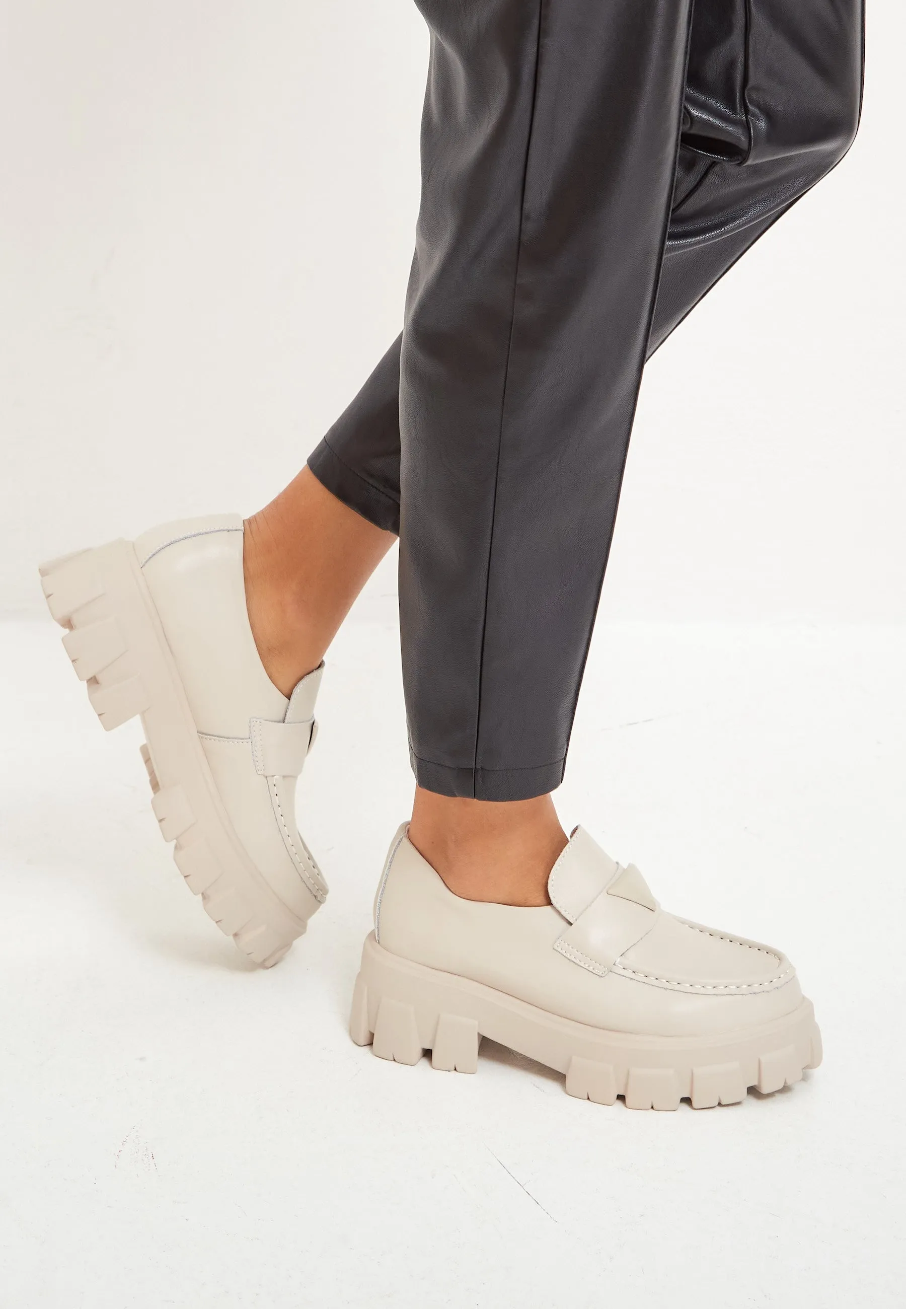 Chunky Leather Platform Loafers - Beige