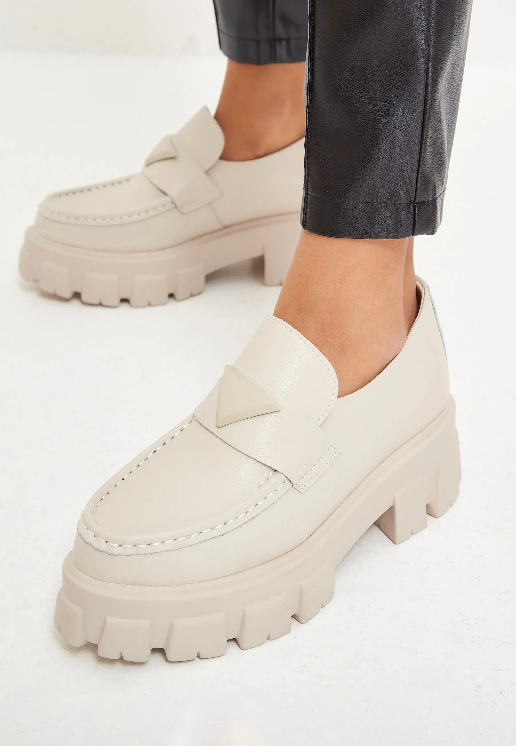 Chunky Leather Platform Loafers - Beige