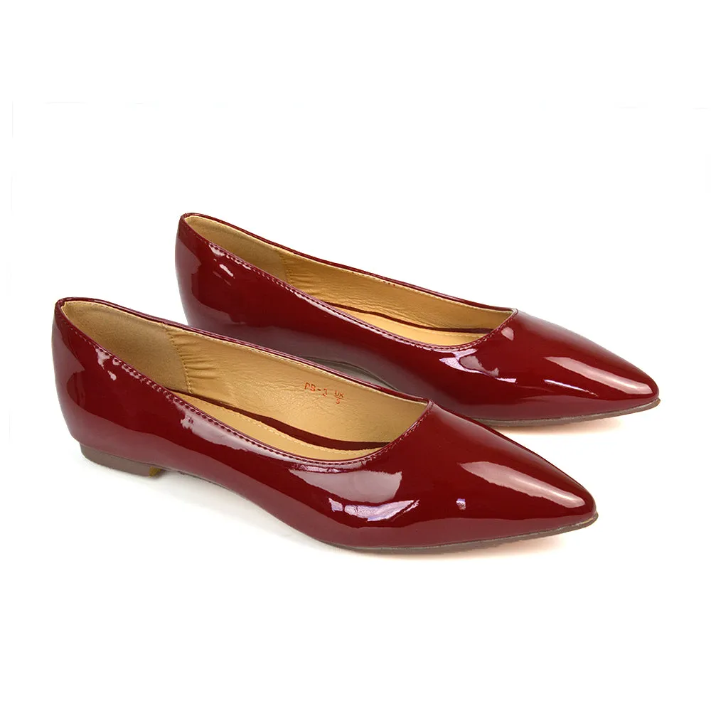 Cordelia Pointed Toe Flat Heel Ballerina Pump Shoes in Cherry Red Patent