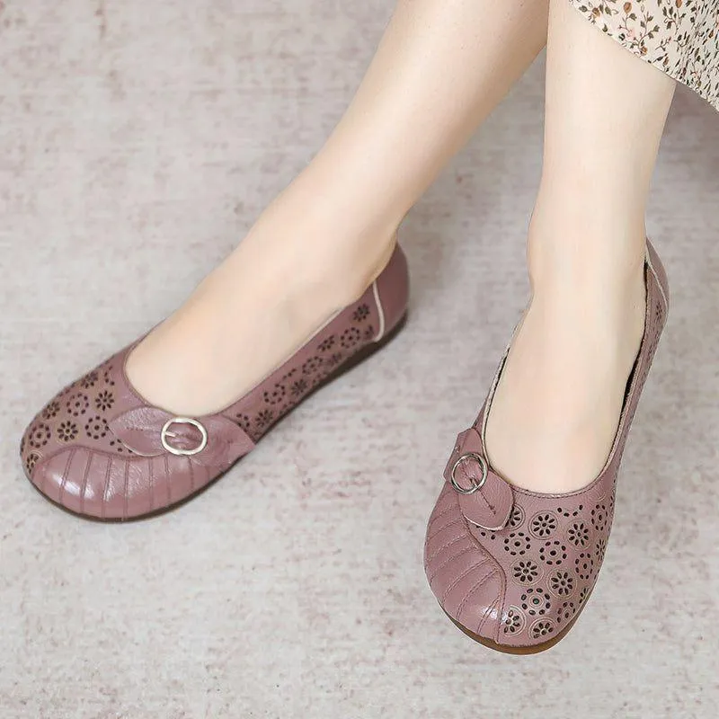 Flat Leather Hollow Loafers Women's Casual Shoes GRCL0235