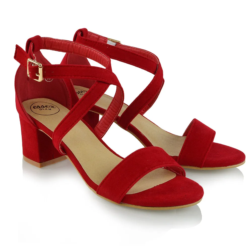 JORDYN CROSS OVER BUCKLE STRAP CHUNKY LOW BLOCK HEELS IN RED FAUX SUEDE