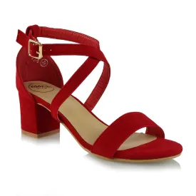 JORDYN CROSS OVER BUCKLE STRAP CHUNKY LOW BLOCK HEELS IN RED FAUX SUEDE