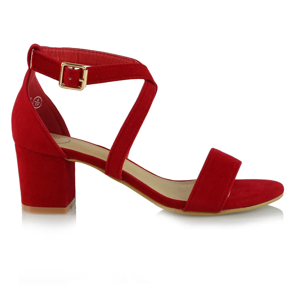 JORDYN CROSS OVER BUCKLE STRAP CHUNKY LOW BLOCK HEELS IN RED FAUX SUEDE