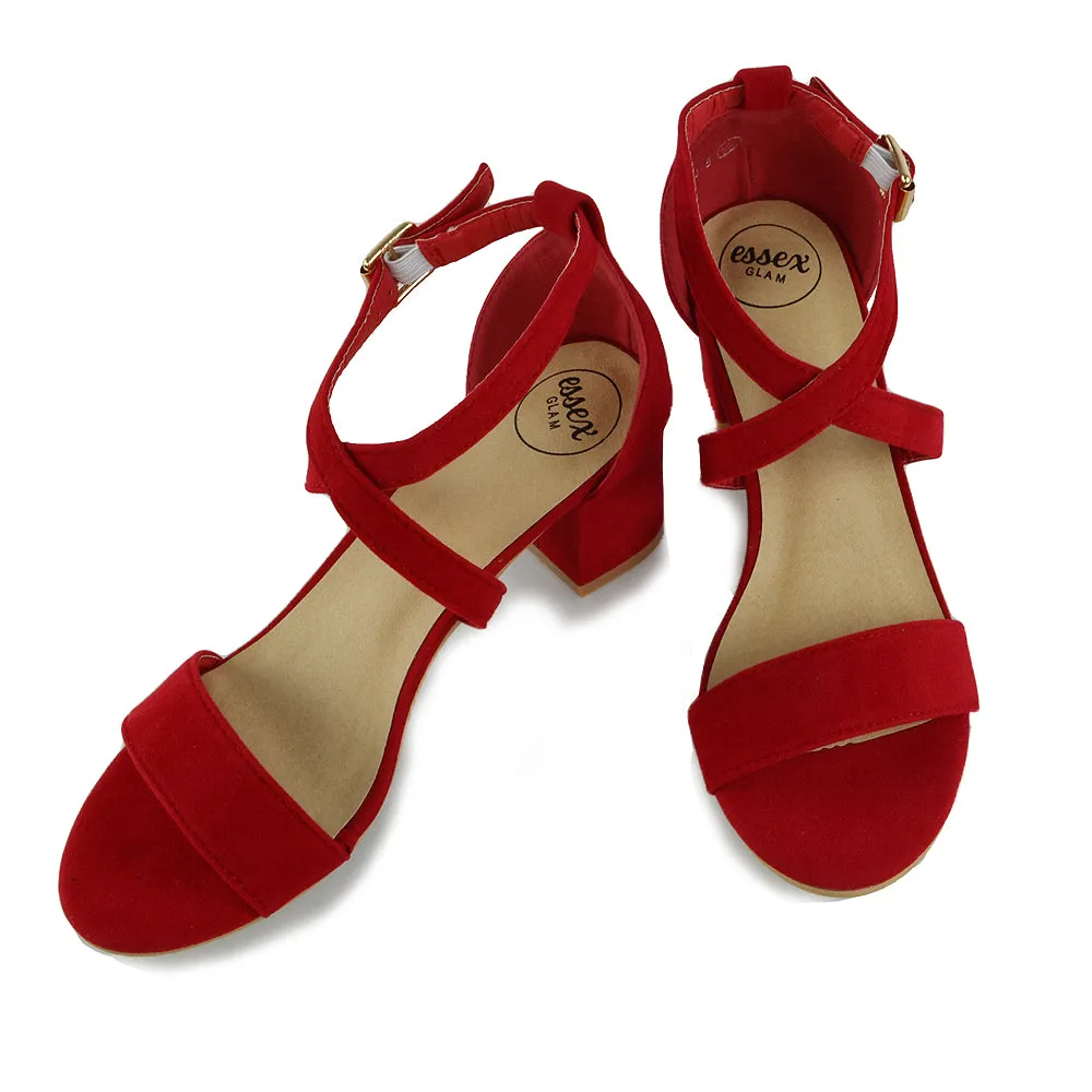 JORDYN CROSS OVER BUCKLE STRAP CHUNKY LOW BLOCK HEELS IN RED FAUX SUEDE