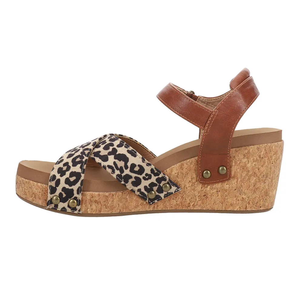 Kindle Leopard Print Ankle Strap Wedge Sandals