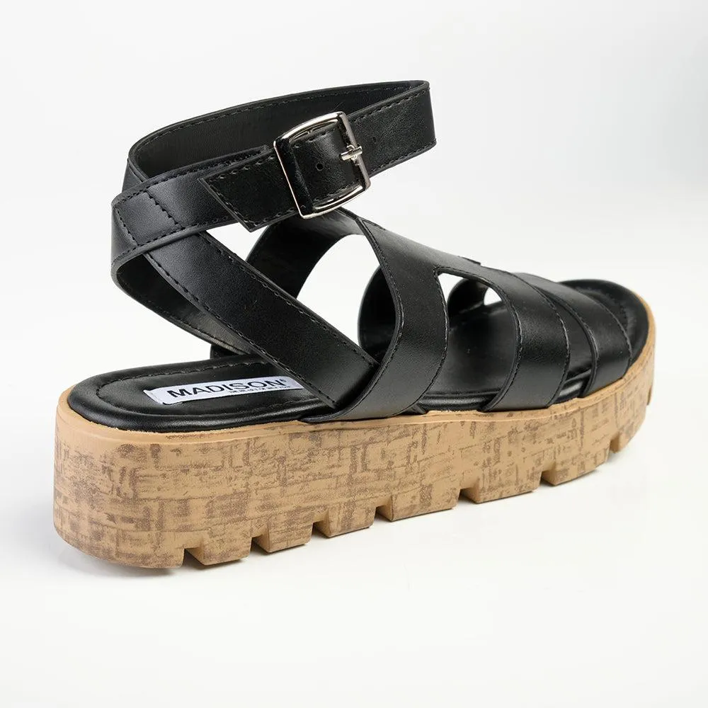 Madison Jeanmarie H Bar Cork Wedge - Black