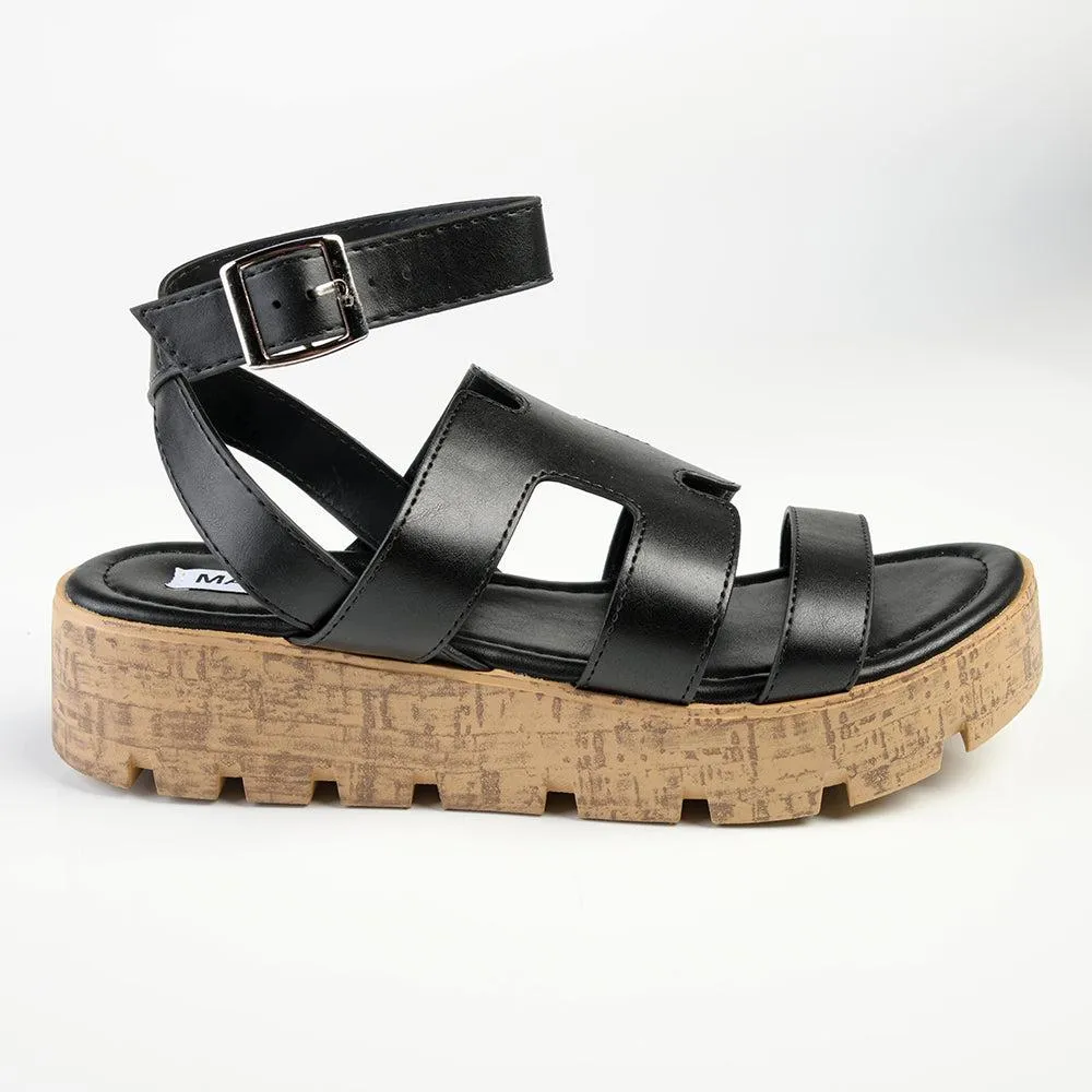 Madison Jeanmarie H Bar Cork Wedge - Black