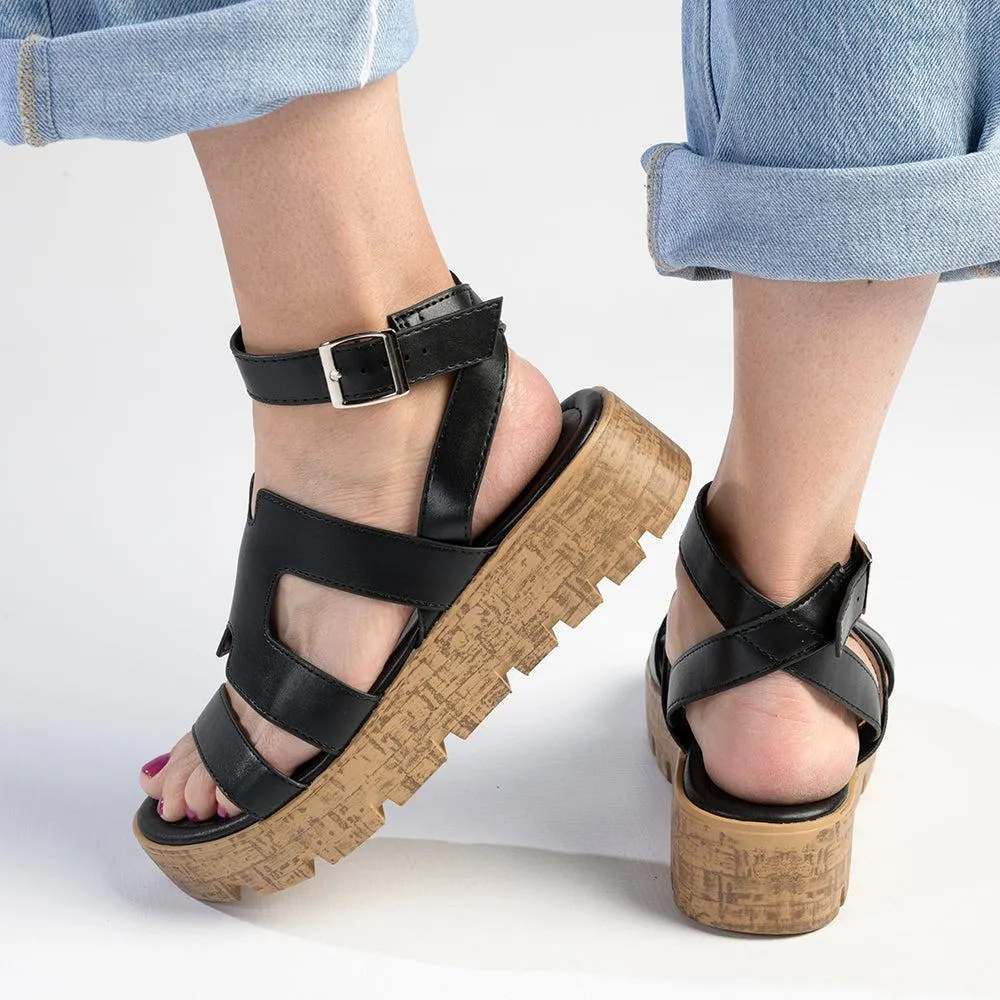 Madison Jeanmarie H Bar Cork Wedge - Black