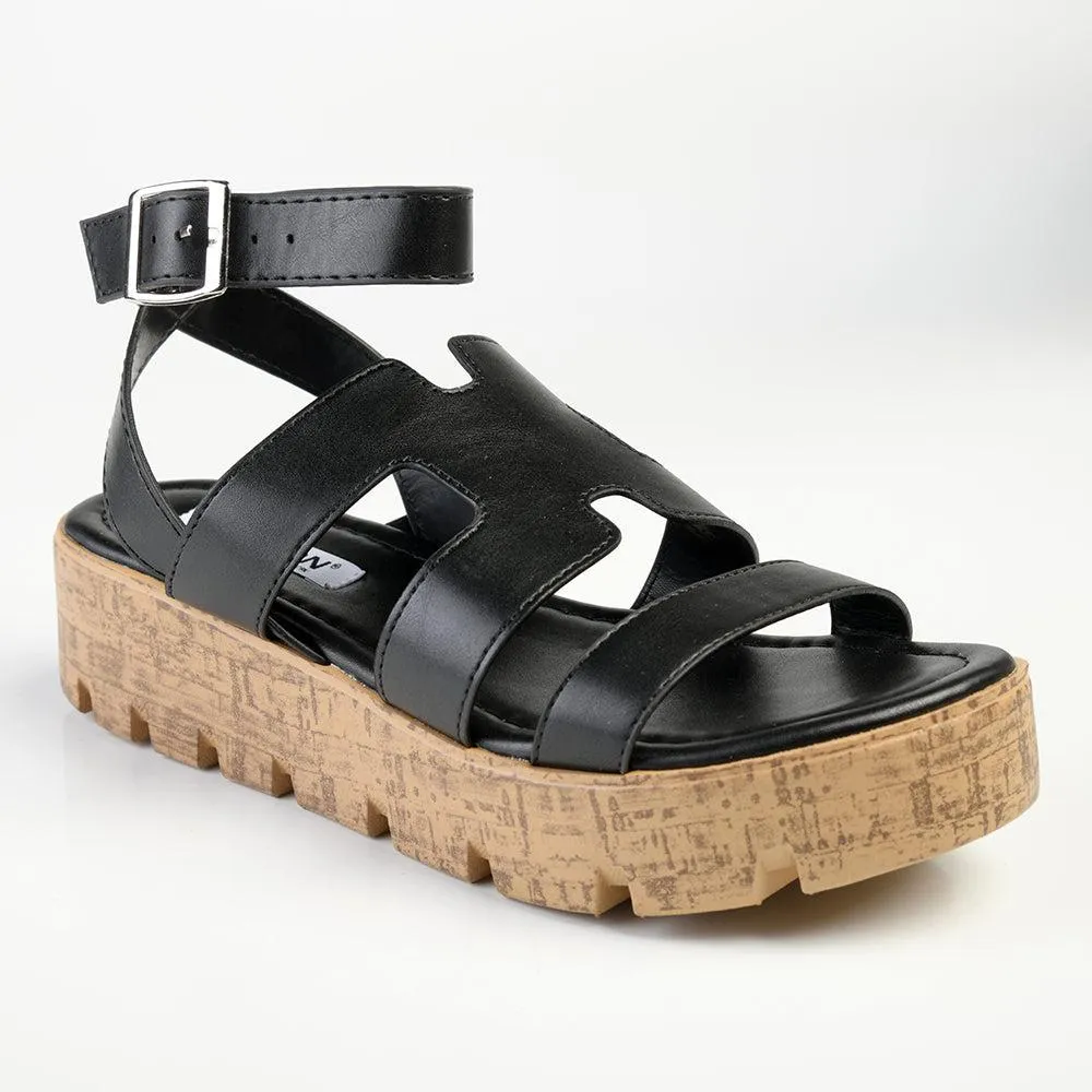 Madison Jeanmarie H Bar Cork Wedge - Black