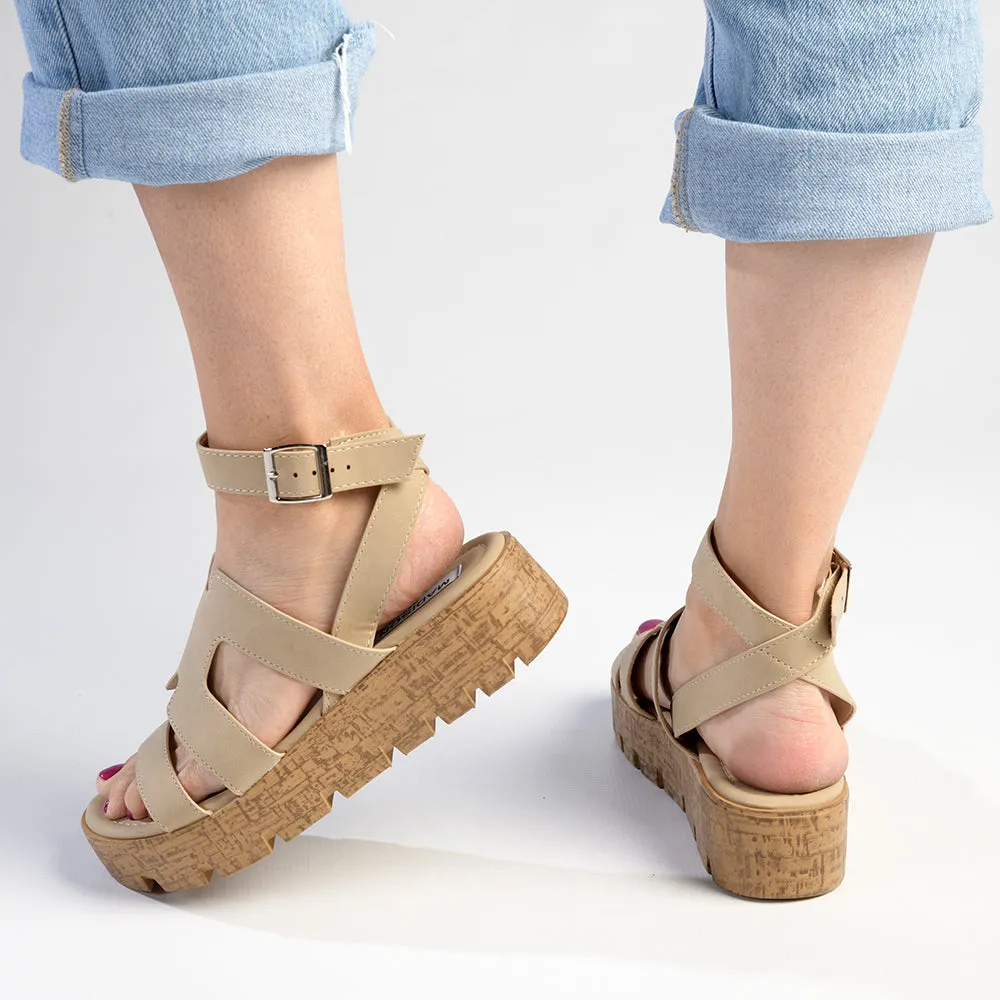 Madison Jeanmarie H Bar Cork Wedge - Taupe