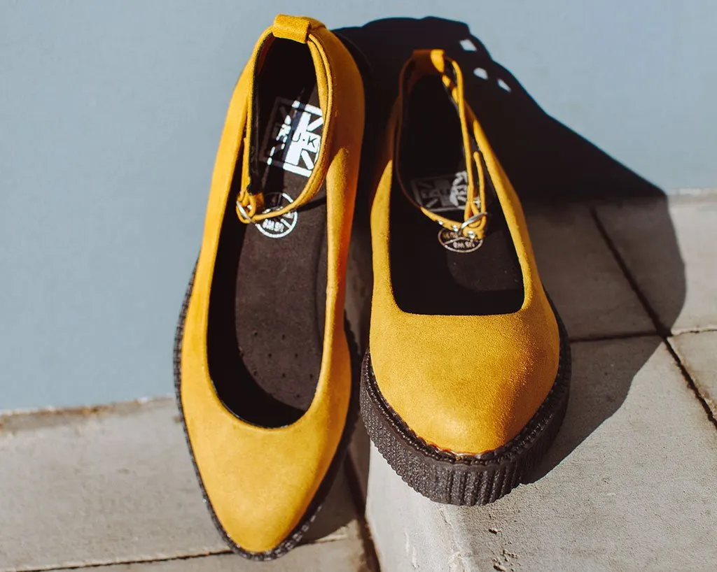 Mustard Faux Suede Pointed Ballet Ankle Strap Creeper