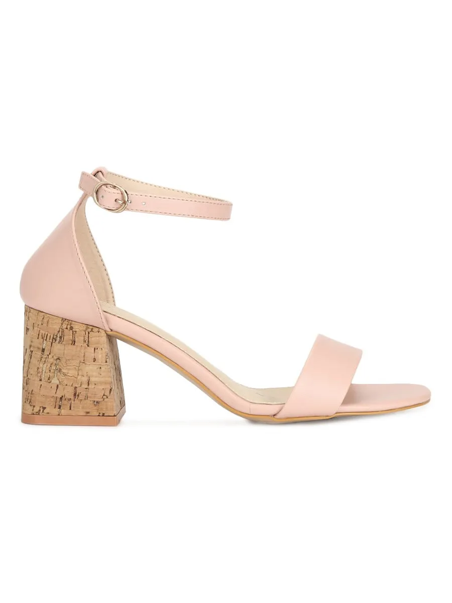 Pink PU Low Block Heel Sandals