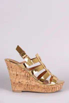 Qupid Mirror Metallic Strappy Slingback Platform Wedge