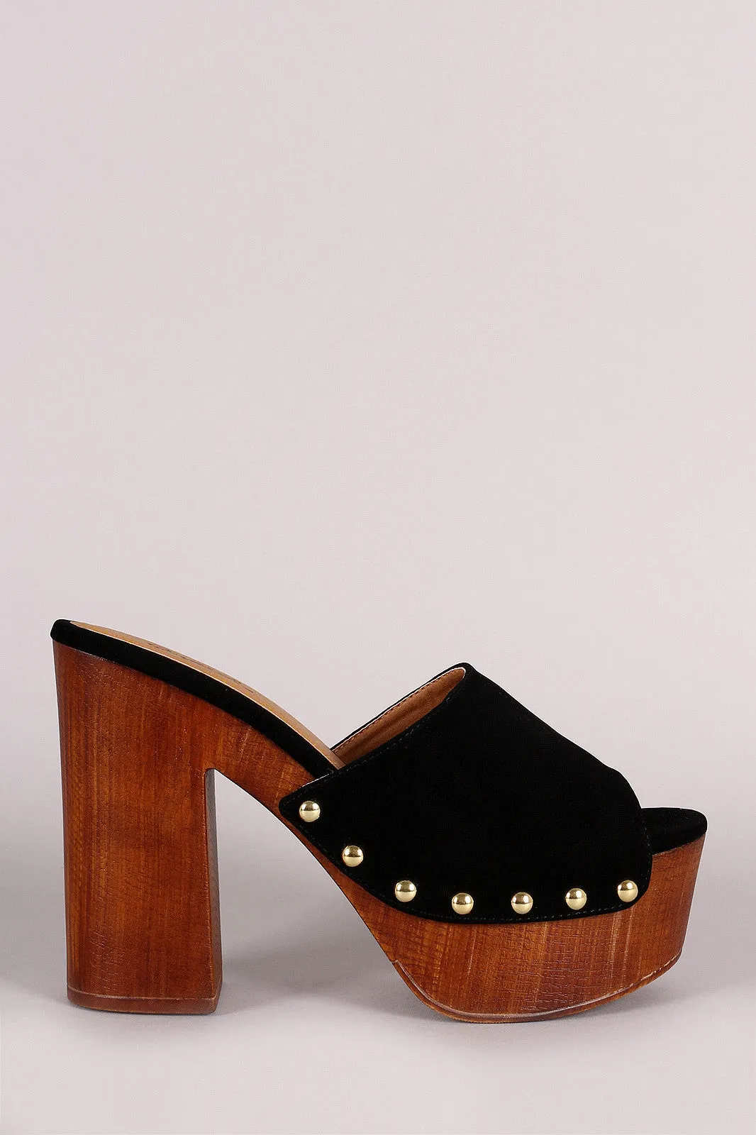 Qupid Nubuck Studded Chunky Faux Wooden Platform Heel