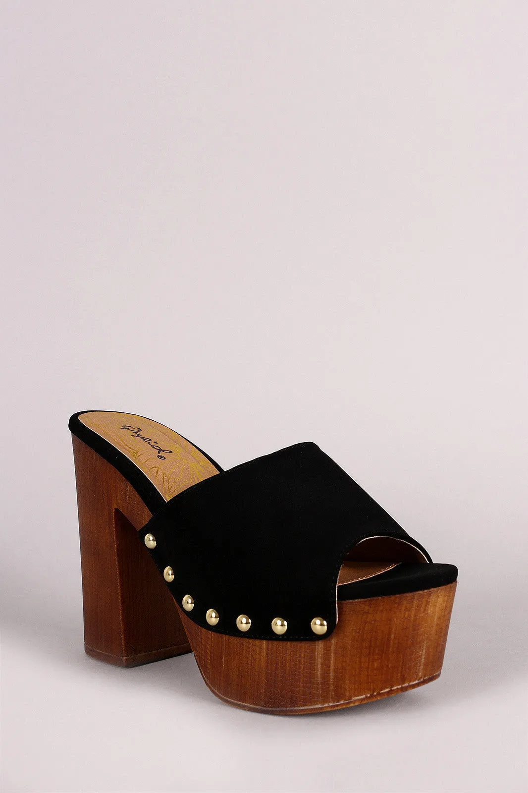 Qupid Nubuck Studded Chunky Faux Wooden Platform Heel