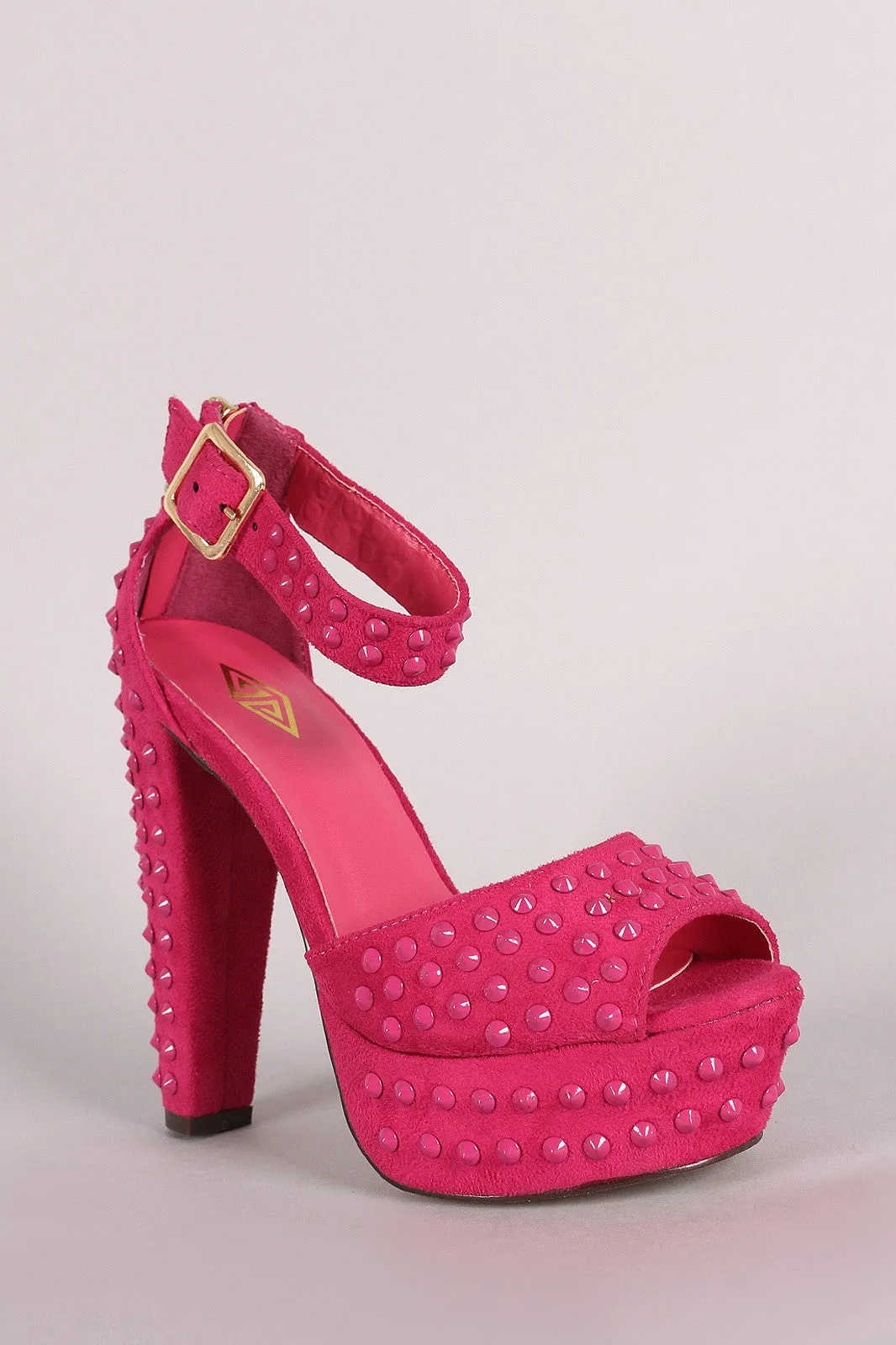 Suede Studded Spike Peep Toe Ankle Strap Chunky Platform Heel