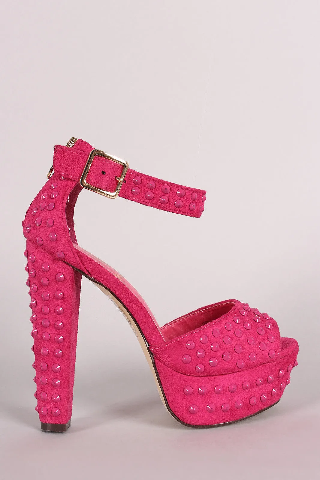 Suede Studded Spike Peep Toe Ankle Strap Chunky Platform Heel