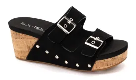 Twinkie Buckle Strap Wedge Sandal In Black Suede