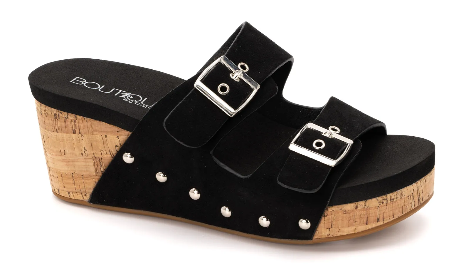 Twinkie Buckle Strap Wedge Sandal In Black Suede