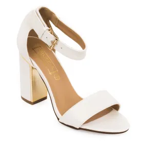 White Block Ankle Strap Heel Sandal