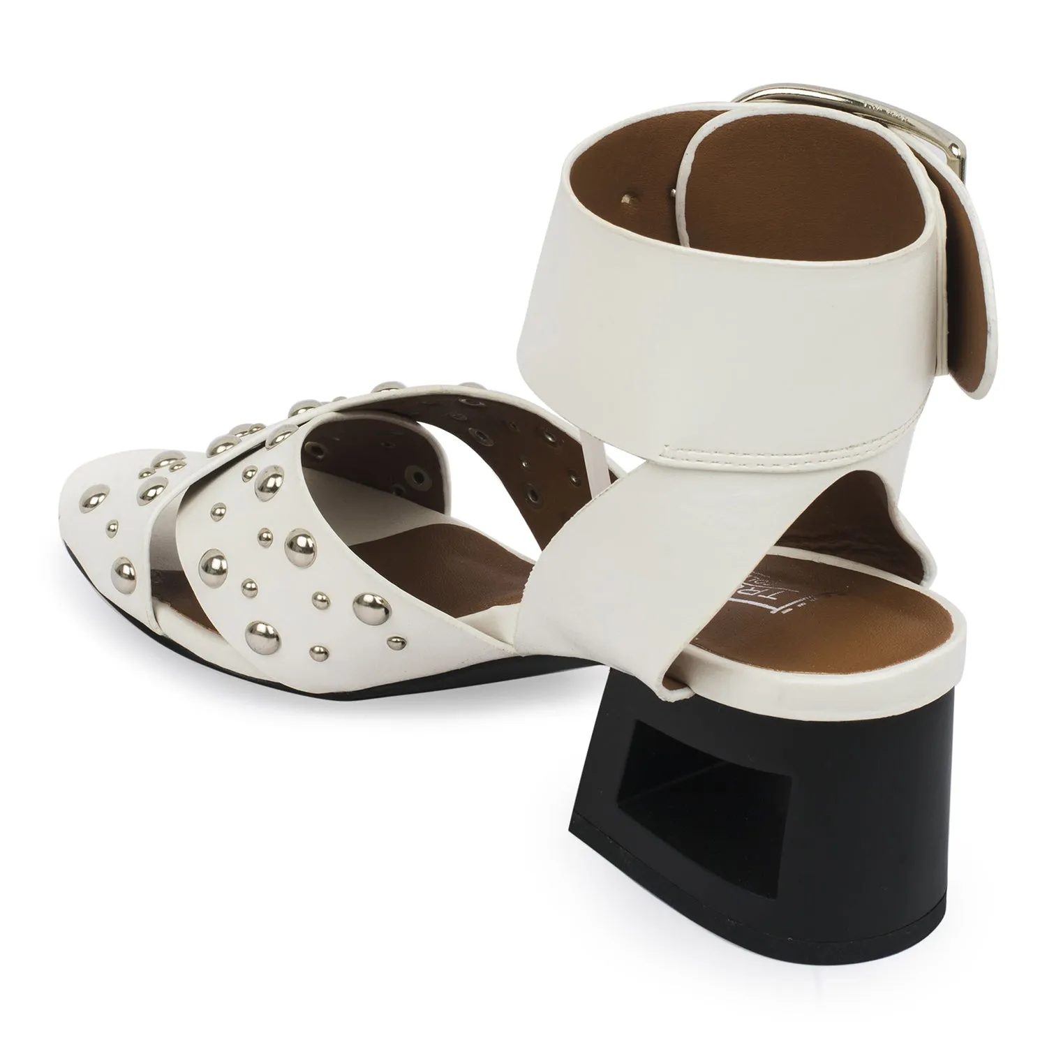 White Block Studded Cross Over Heeled Sandal