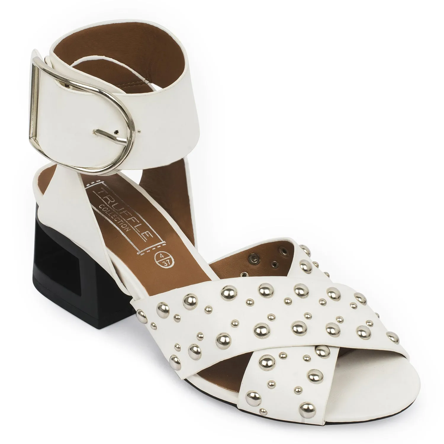 White Block Studded Cross Over Heeled Sandal