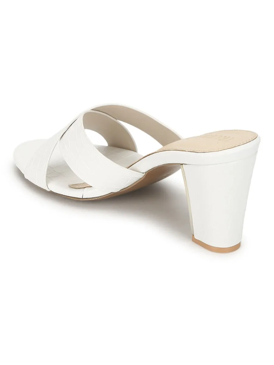 White PU Block Heel Slip On Mules