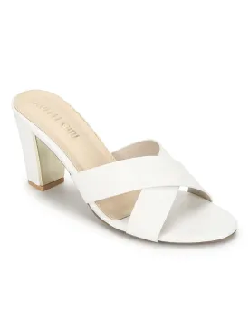 White PU Block Heel Slip On Mules