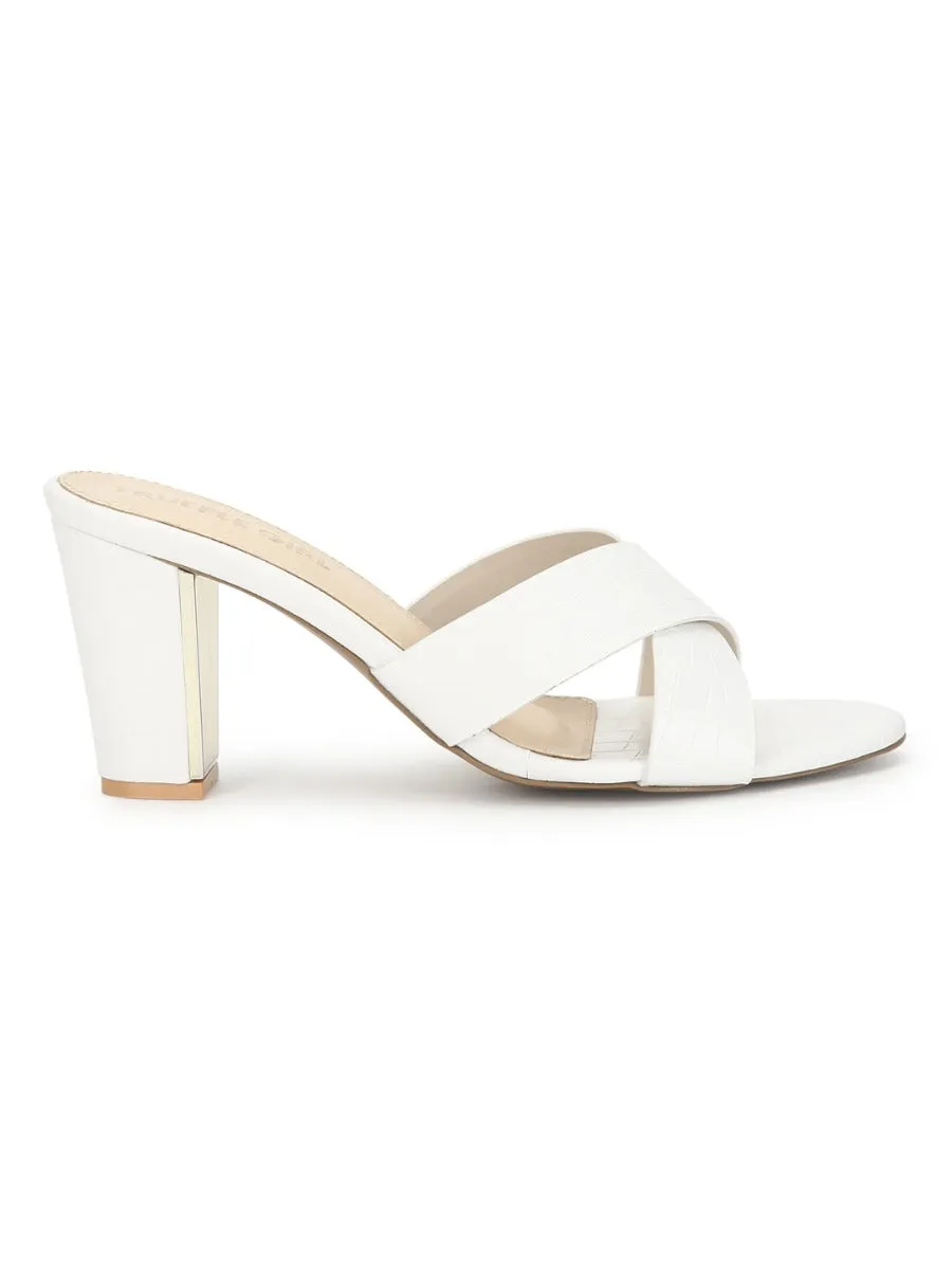 White PU Block Heel Slip On Mules