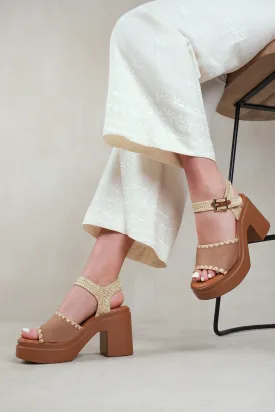 WILD CAT BLOCK HEEL SANDAL WITH DETAILING IN CAMEL SUEDE